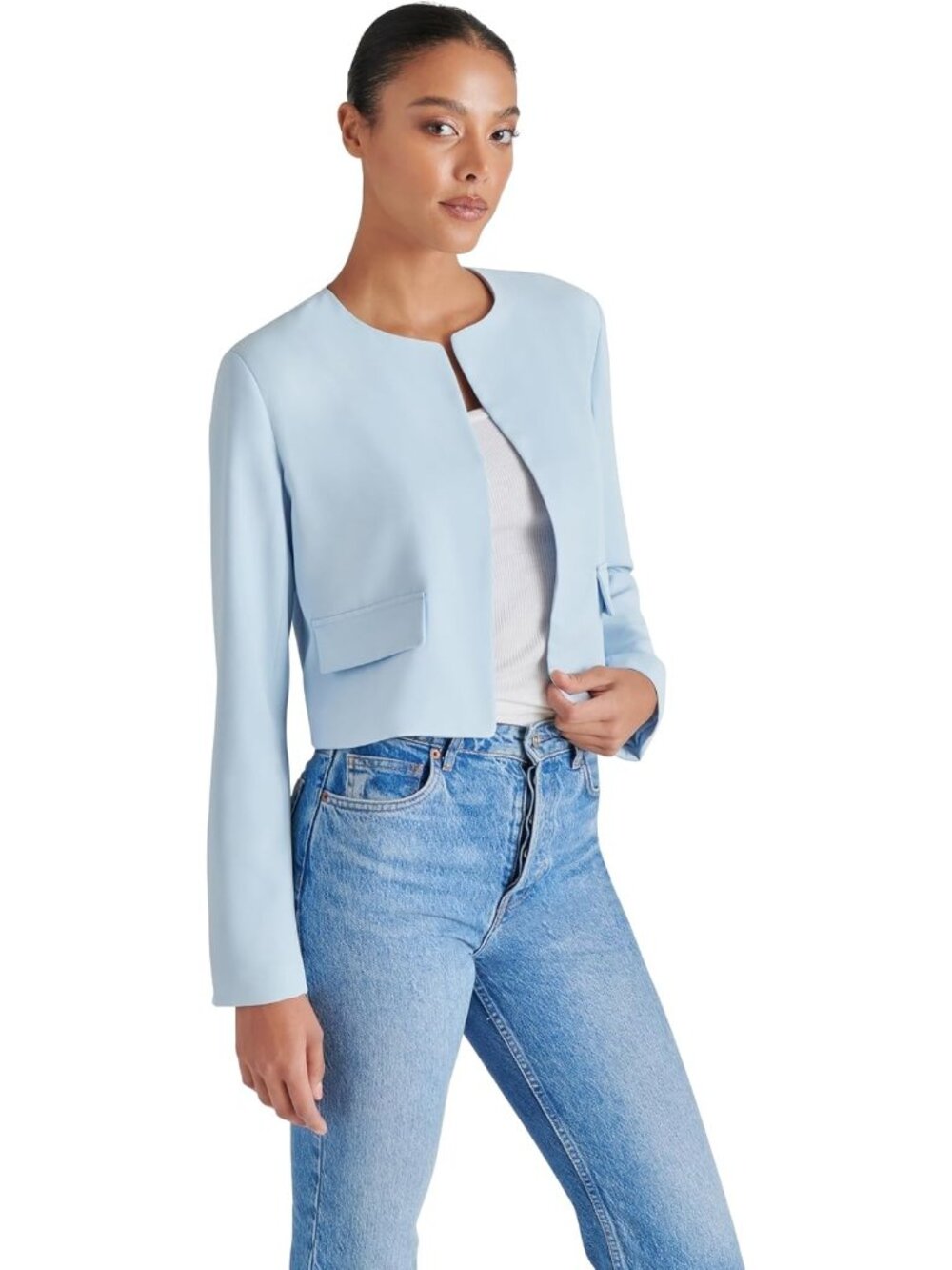 Steve Madden Women's Sky Blue Long Sleeve Collarless Polyester Serenea Blazer